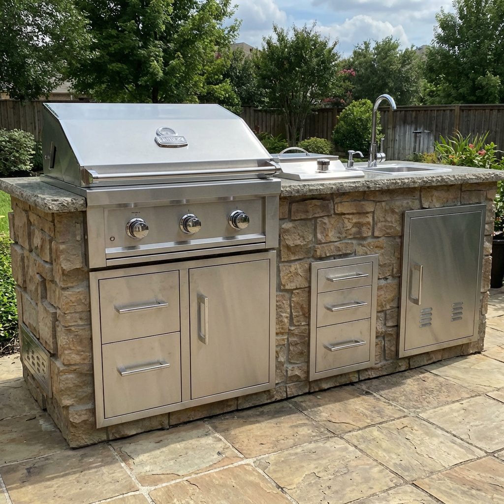 Compact stone island: Smaller island with grill, sink, drawers, and a trash door.