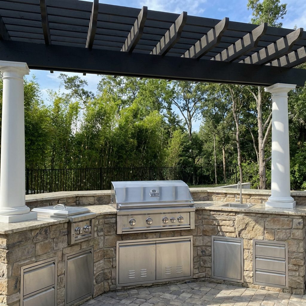 Under the pergola: Curved stone kitchen framed by columns and an open-air roof.