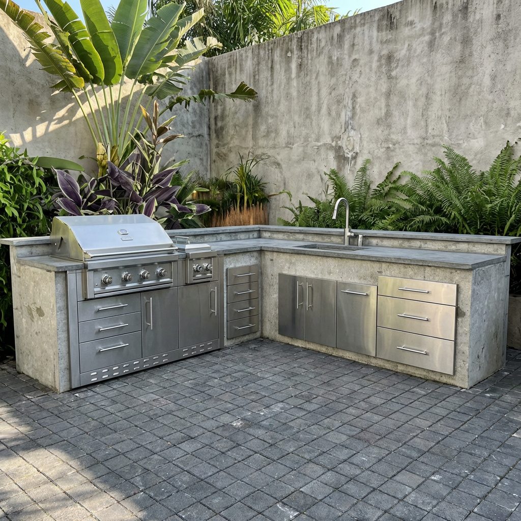 Tropical courtyard: L-shape run with grill, drawers, and a prep sink against a garden wall.