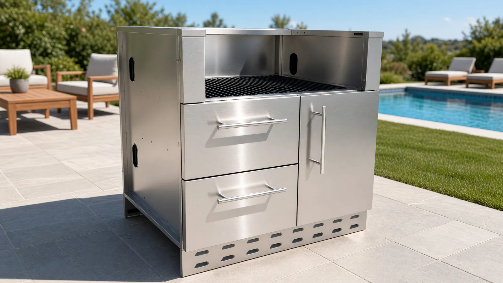 34-inch Sunstone grill base cabinet in a backyard kitchen